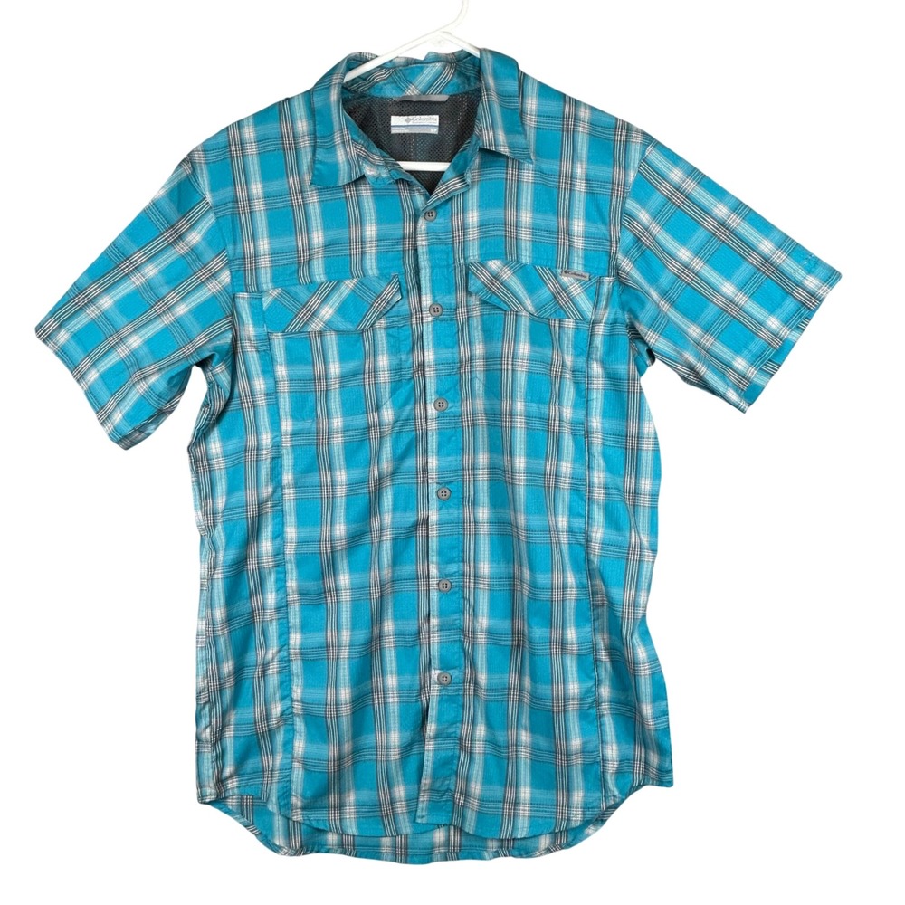 Columbia Mens S Blue Plaid Omni-Shade Vented Short Sleeve Button Down Shirt Hike